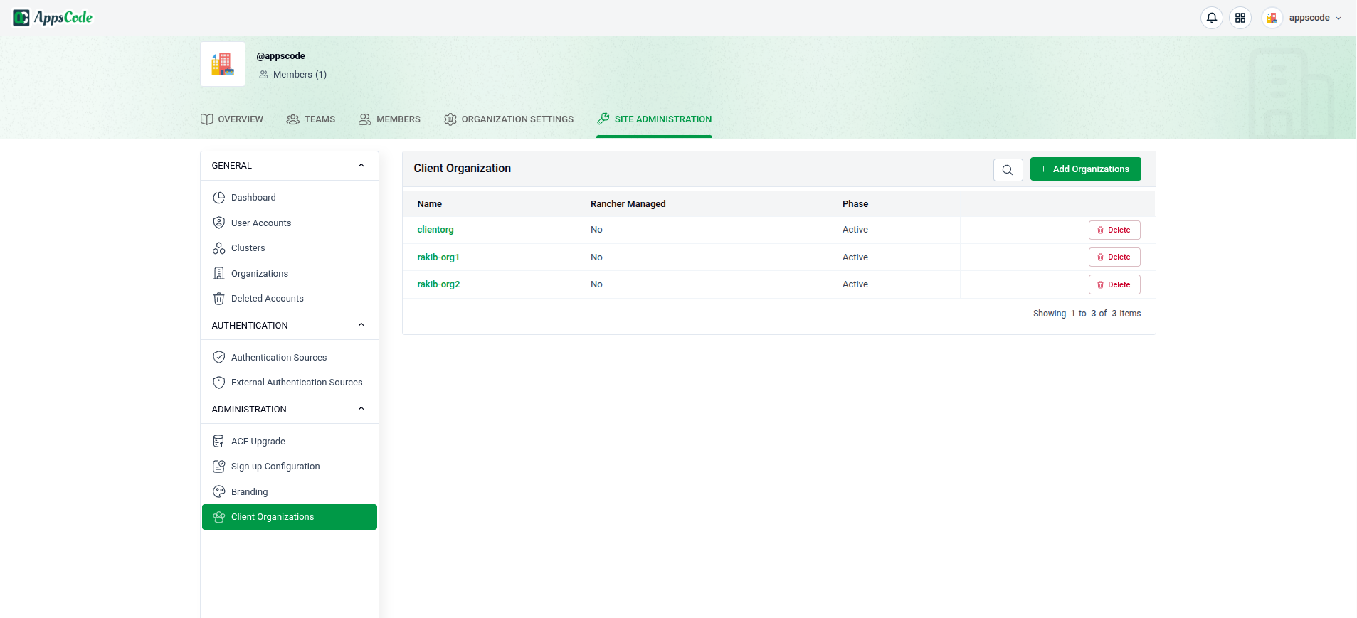 Client Organizations list — click an organization&rsquo;s name to open its details
