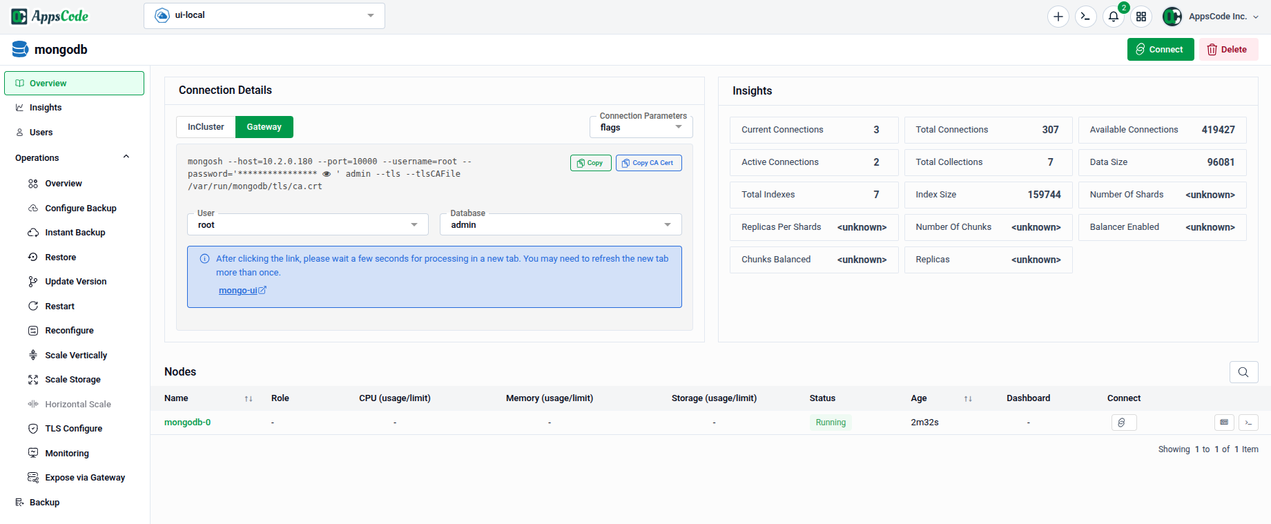 Database overview page showing status, resource usage, and available operations